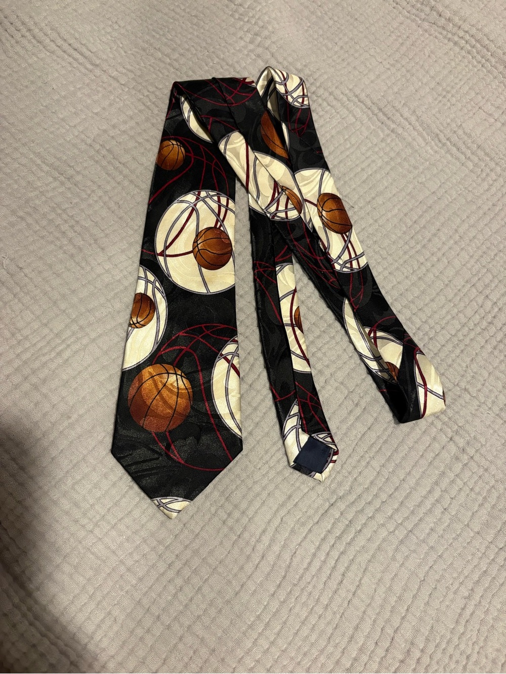 Black Basketball-Print Men's Tie with Cream and Orange Accents